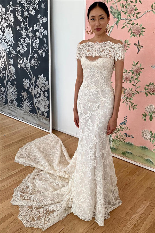 Vestidos de novia largos de sirena con encaje y hombros descubiertos