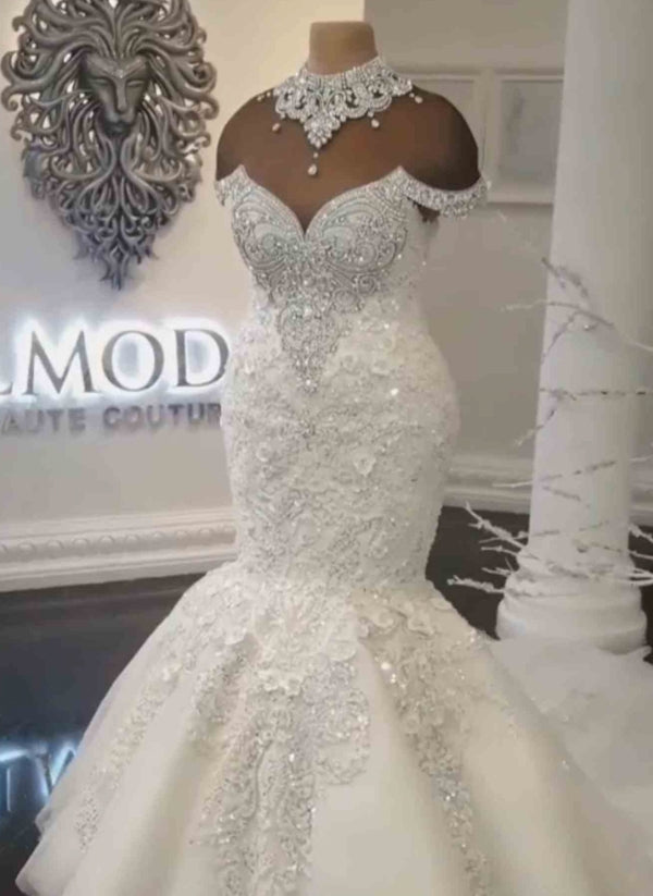 Vestido de novia largo de sirena con hombros descubiertos, apliques de cristal