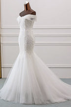 Robe de mariée sirène longue à épaules dénudées, ornée d'appliqués de dentelle et de tulle