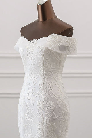 Vestido de novia largo de sirena con hombros descubiertos, apliques de encaje y tul