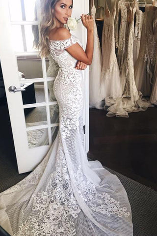 Vestido de novia largo de sirena con hombros descubiertos, apliques y cola de barrido