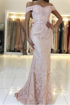 Vestido largo de sirena con hombros descubiertos, espalda descubierta y apliques de encaje para baile de graduación