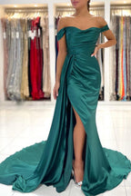 Robe de bal sirène longue, dos nu, épaules dénudées, fente sur le devant et traîne latérale