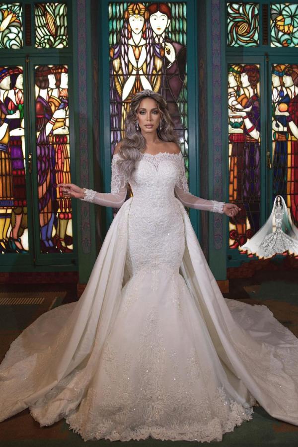 Long Mermaid Off-the-Shoulder Detachable Wedding Dresses With Sleeves