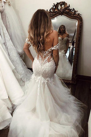 Vestidos de novia largos de sirena con hombros descubiertos, encaje y espalda descubierta