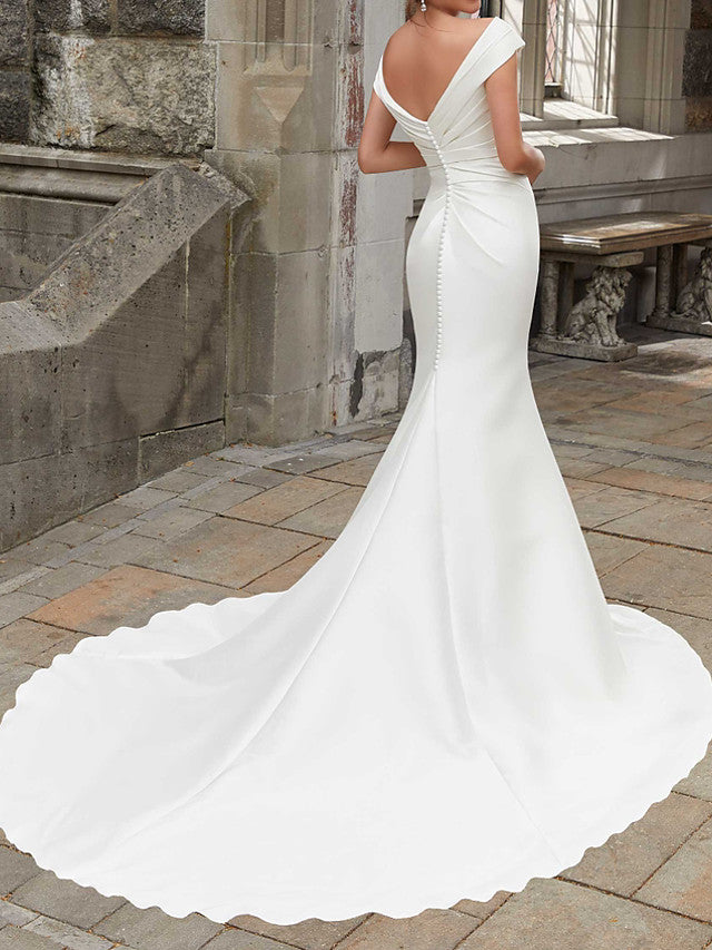 Robes de mariée longues sirène en satin à épaules dénudées
