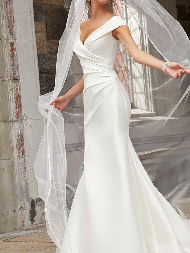Robes de mariée longues sirène en satin à épaules dénudées