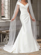 Robes de mariée longues sirène en satin à épaules dénudées