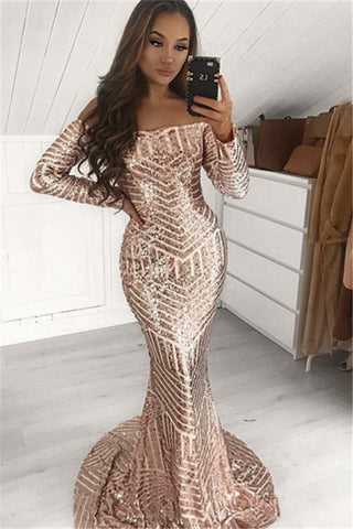 Long Mermaid Off-the-shoulder Sequined Prom Dress with Sleeves
