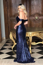 Robe de bal sirène longue à épaules dénudées et sequins avec fente