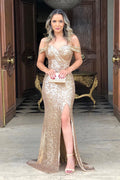 Robe de bal sirène longue à épaules dénudées et sequins avec fente