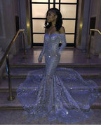 Robe de bal sirène longue à épaules dénudées et sequins avec manches