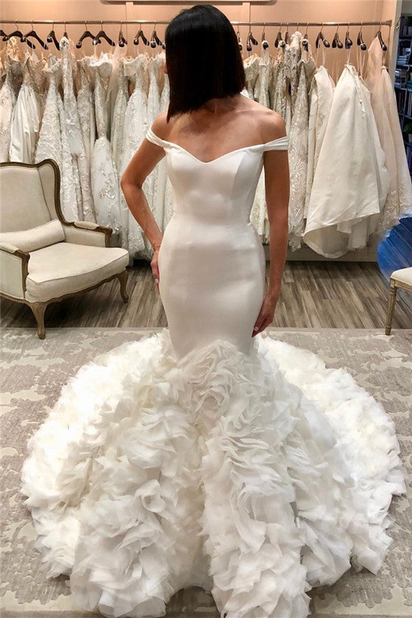 Robes de mariée sirène longues en tulle à épaules dénudées