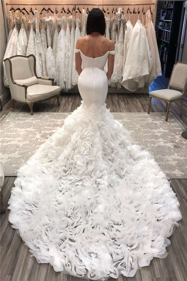 Robes de mariée sirène longues en tulle à épaules dénudées