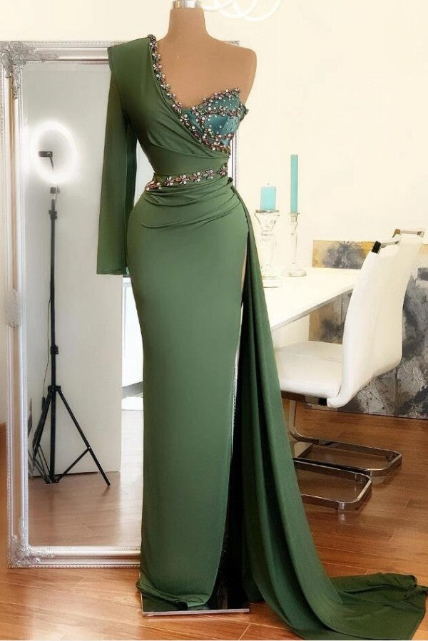 Robe de bal longue sirène asymétrique à une épaule et fente sur le devant avec manches