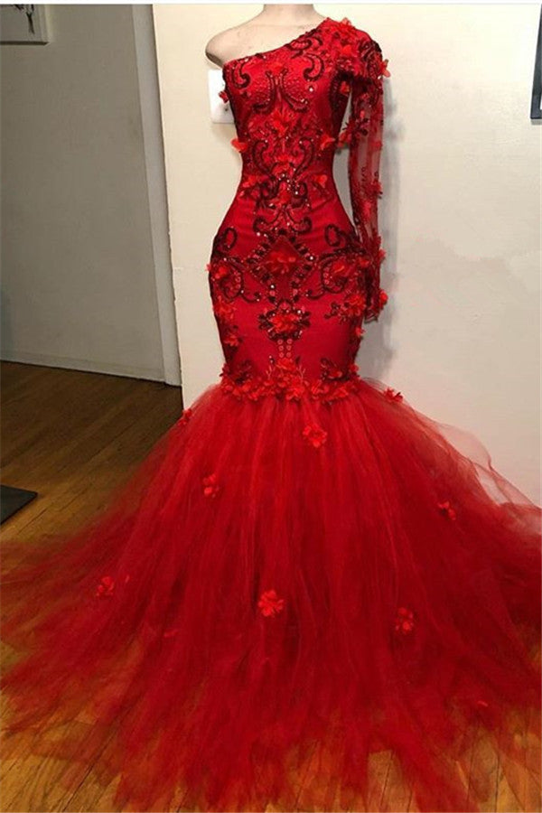 Robe de bal longue sirène asymétrique en tulle et dentelle avec manches