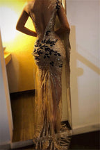Long Mermaid One Shoulder Tulle Lace See through Prom Dress
