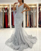 Robe de bal sirène longue en tulle et dentelle, dos nu et décolleté en V