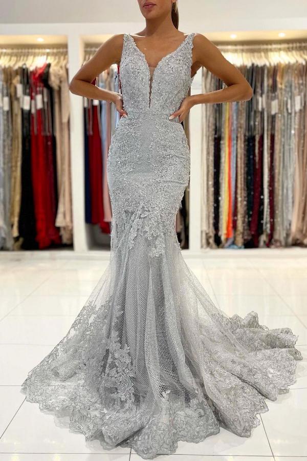 Robe de bal sirène longue en tulle et dentelle, dos nu et décolleté en V