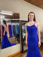 Long Mermaid Scoop Neck Lace Open Back Prom Dress Royal Blue Formal Evening Gowns
