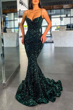 Robe de bal longue sirène à sequins vert foncé