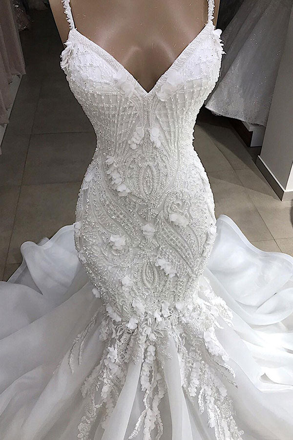 Robe de mariée sirène longue à bretelles spaghetti et applications de dentelle