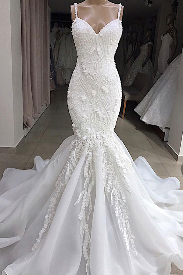 Robe de mariée sirène longue à bretelles spaghetti et applications de dentelle