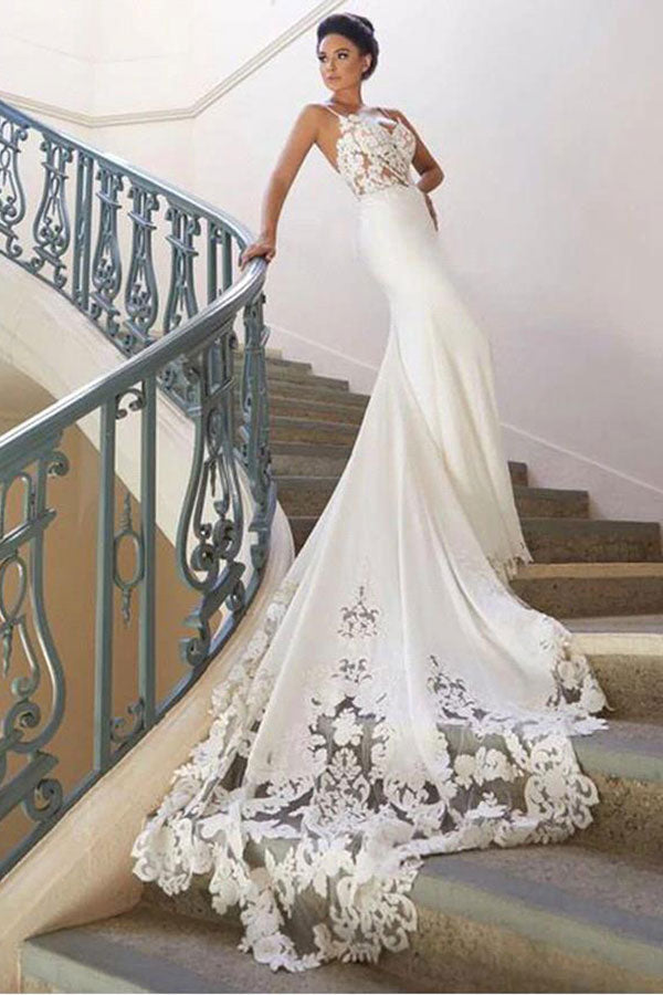 Robe de mariée sirène longue à bretelles spaghetti et dos nu en dentelle