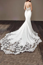 Robe de mariée sirène longue à bretelles spaghetti et dos nu en dentelle