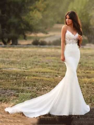Vestidos de novia largos de sirena con tirantes finos, escote en V y satén con encaje