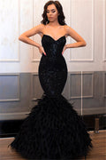 Vestido largo de sirena sin tirantes con lentejuelas negras para baile de graduación
