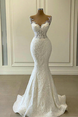 Vestido de novia largo de sirena con escote corazón, apliques de encaje y cola desmontable