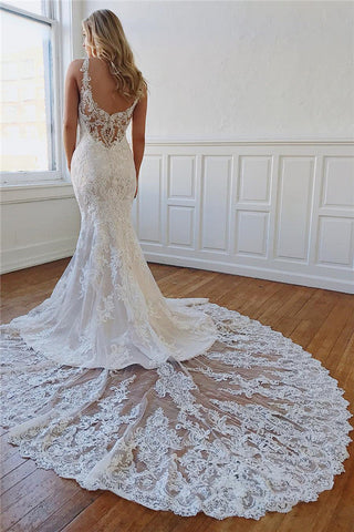 Vestidos de novia largos de sirena con escote corazón, apliques de encaje y espalda descubierta