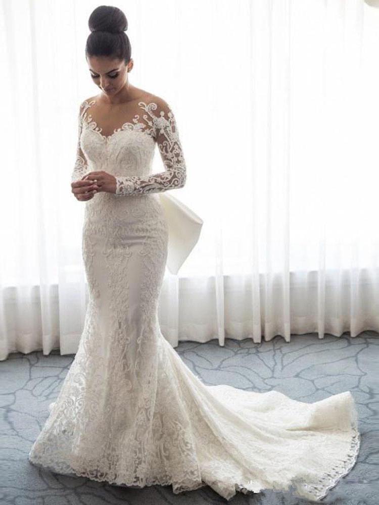 Vestidos de novia largos de sirena con escote corazón, encaje y mangas