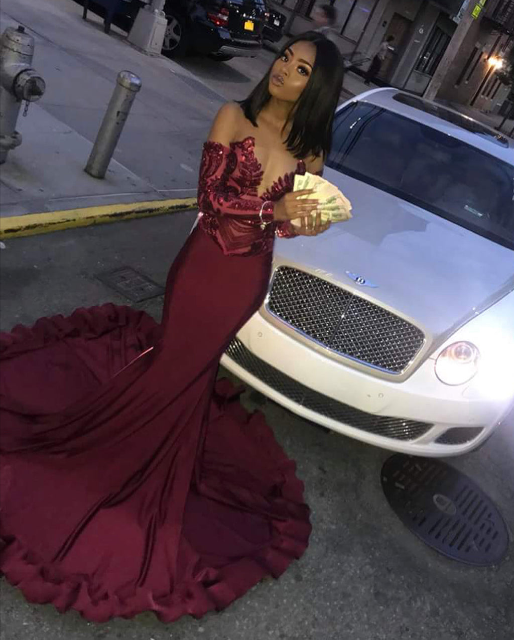 Long Mermaid Sweetheart Satin Prom Dress with Sleeves