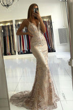 Long Mermaid Sweetheart Spaghetti Straps Appliques Lace Prom Dress