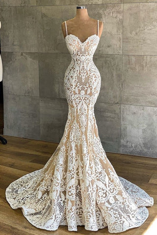 Vestido de novia largo de sirena con escote corazón, tirantes finos, apliques de encaje y vestido de novia