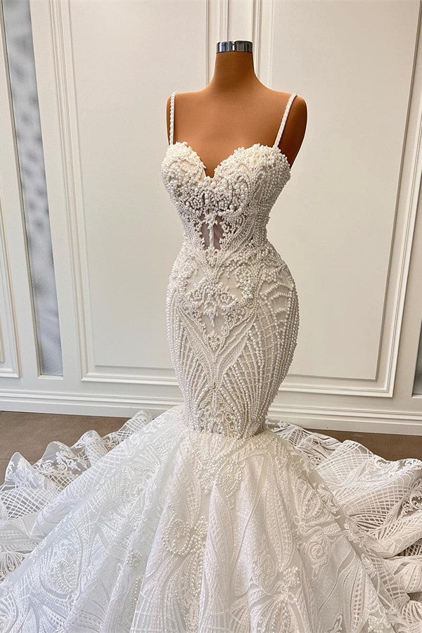 Robe de mariée sirène longue à bretelles spaghetti, ornée de perles et de volants, en tulle et décolleté cœur