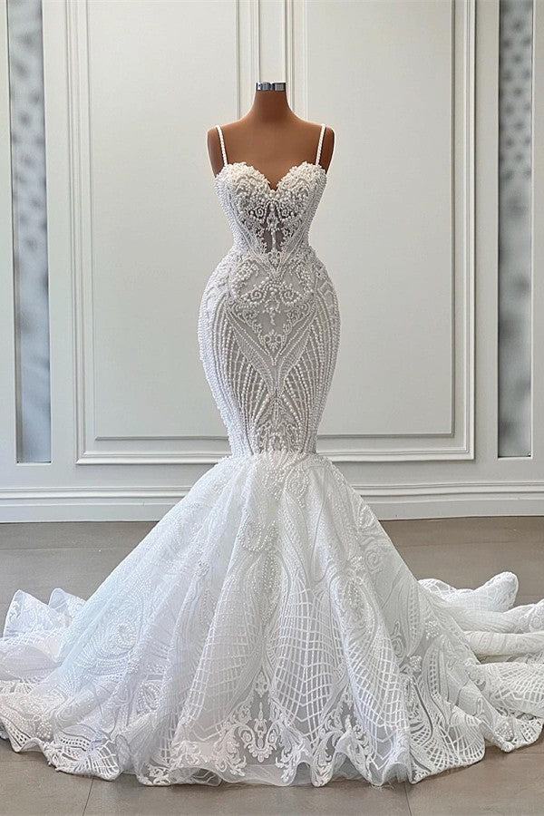 Robe de mariée sirène longue à bretelles spaghetti, ornée de perles et de volants, en tulle et décolleté cœur