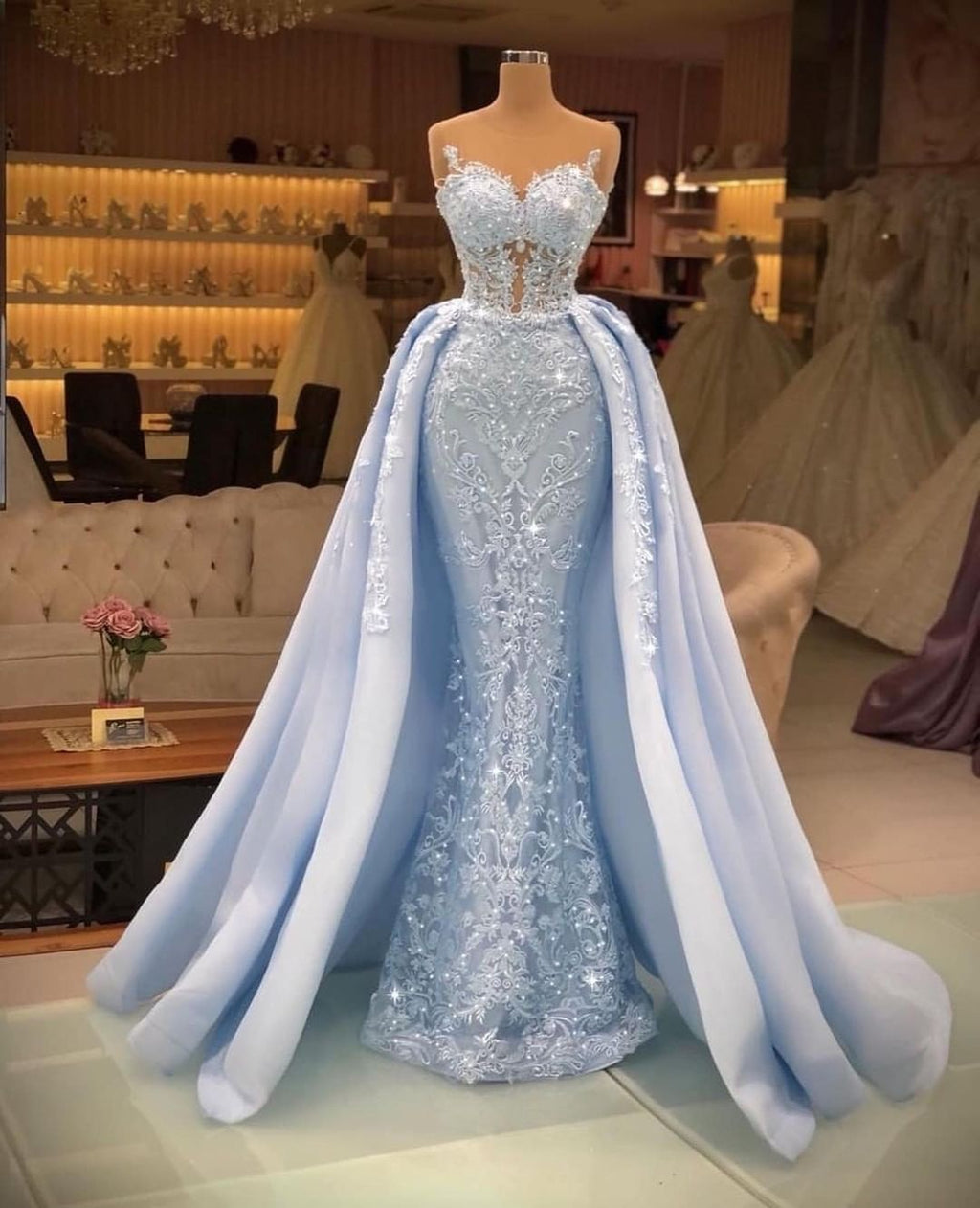 Long Mermaid Sweetheart Tulle Glitter Prom Dress with Detachable Sweep Train