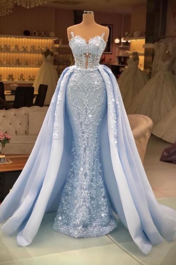 Long Mermaid Sweetheart Tulle Glitter Prom Dress with Detachable Sweep Train