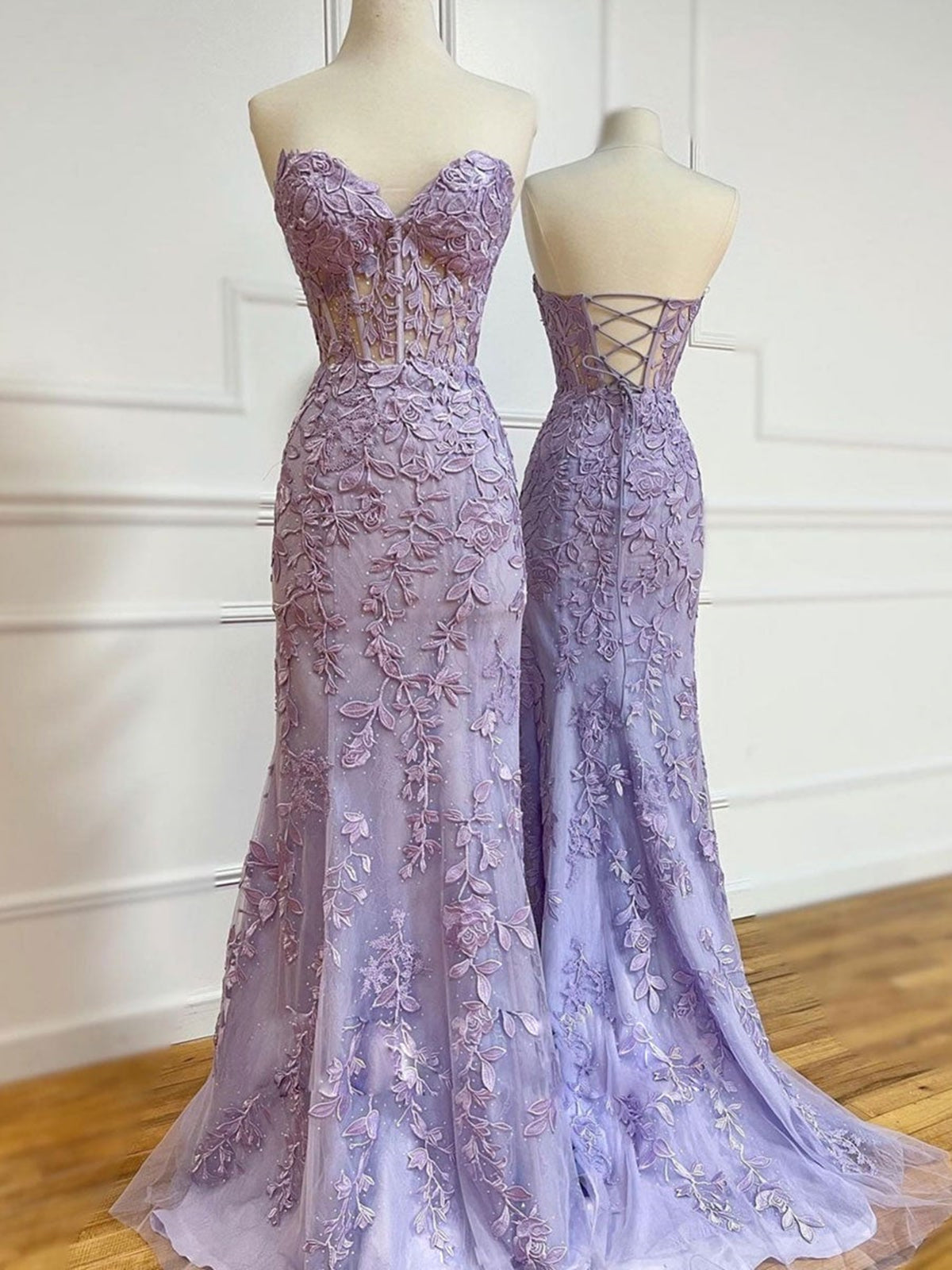 Long Mermaid Sweetheart Tulle Prom Dress Lace Formal Evening Gowns