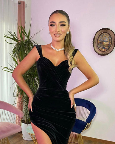 Vestidos de fiesta largos de sirena, escote corazón, terciopelo negro, formales, de terciopelo con abertura