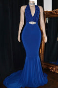 Robe de bal longue sirène dos nu à col en V et appliques