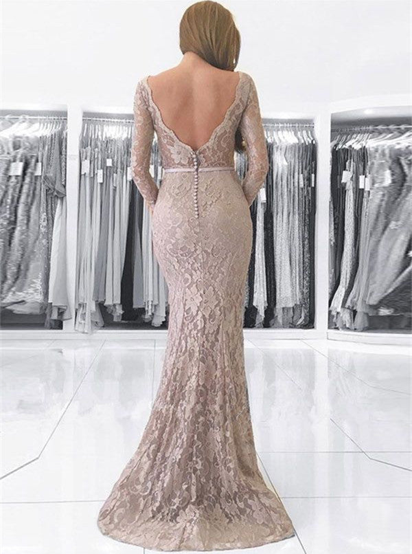 Vestido de fiesta largo de sirena con escote en V, espalda descubierta, encaje y mangas