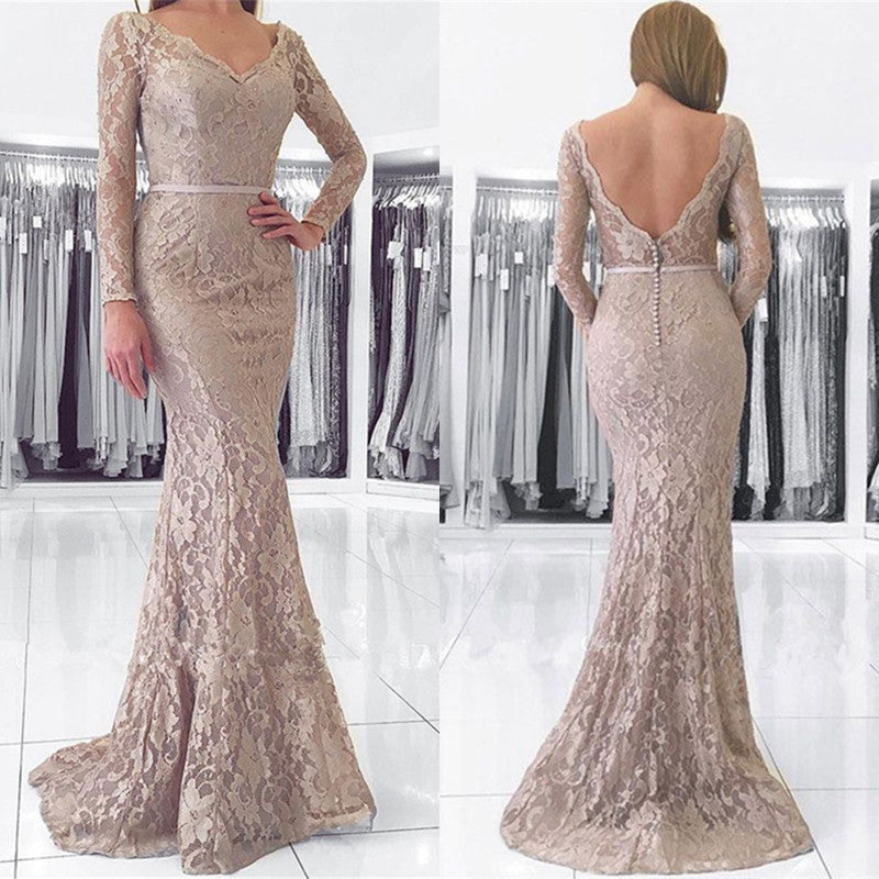 Vestido de fiesta largo de sirena con escote en V, espalda descubierta, encaje y mangas
