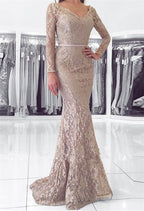 Vestido de fiesta largo de sirena con escote en V, espalda descubierta, encaje y mangas