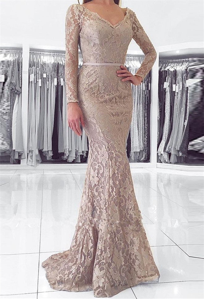 Vestido de fiesta largo de sirena con escote en V, espalda descubierta, encaje y mangas