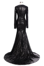 Robe de bal sirène longue à col en V et sequins noirs, manches longues