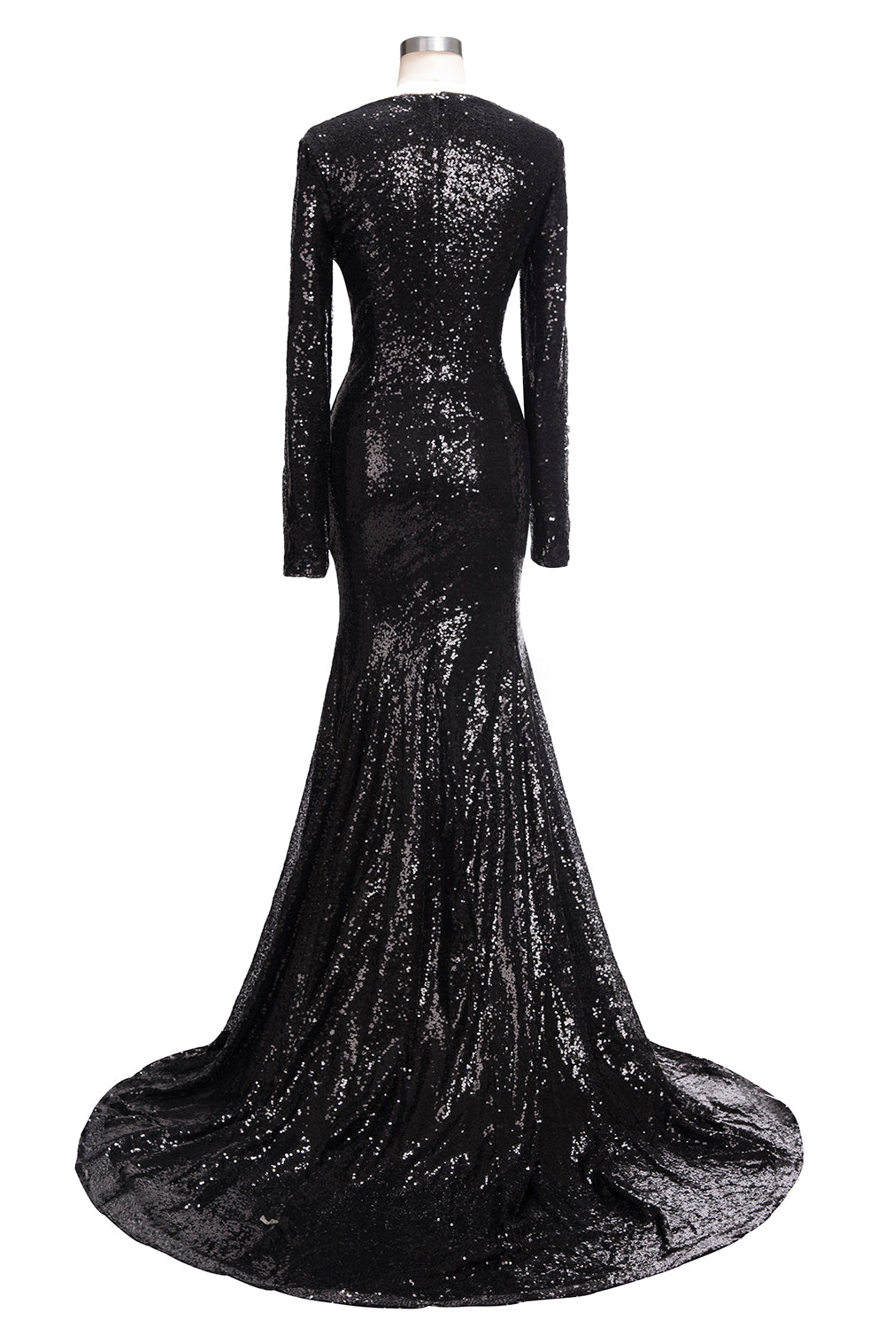 Robe de bal sirène longue à col en V et sequins noirs, manches longues